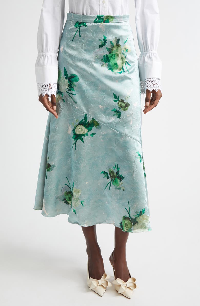 Erdem Abstract Rose Print Crushed Satin A-Line Midi Skirt, Main, color, Abstract Rose Eggshell