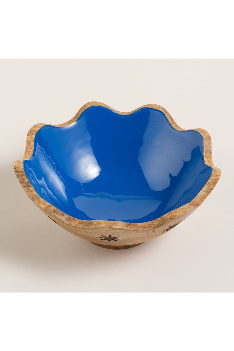 Lakri Carved Mango Wood Bowl 8.5" x 8.5" | Artisan Ceramic, Alternate, color, Blue