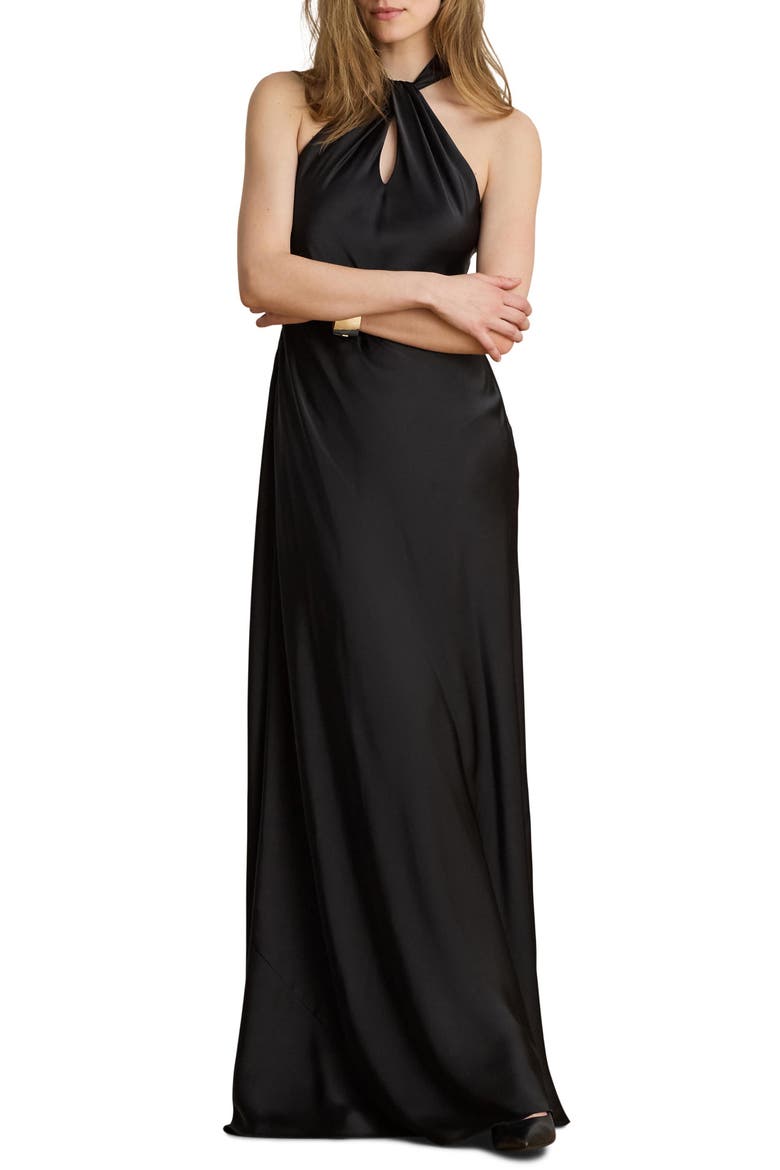 Satin Keyhole Halter Neck Gown, Main, color, BLACK