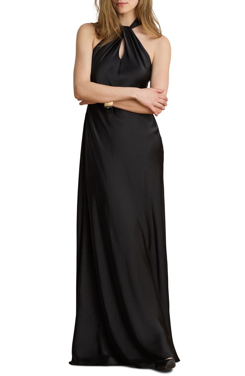 Lauren Ralph Lauren Satin Keyhole Halter Neck Gown, Main, color, Black