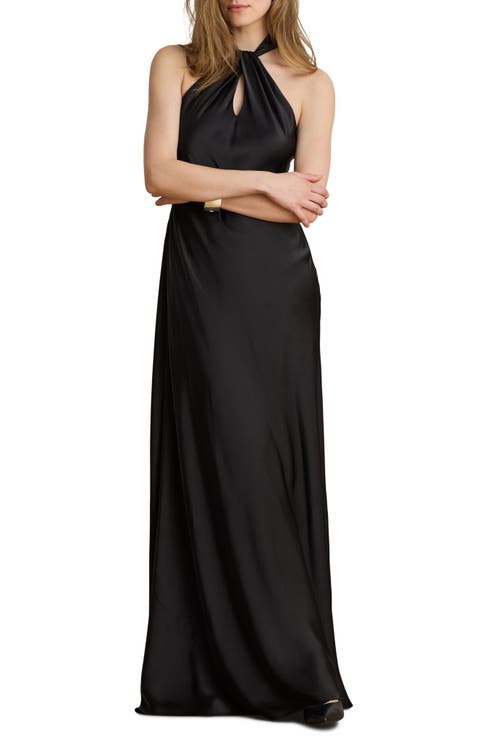 Satin Keyhole Halter Neck Gown