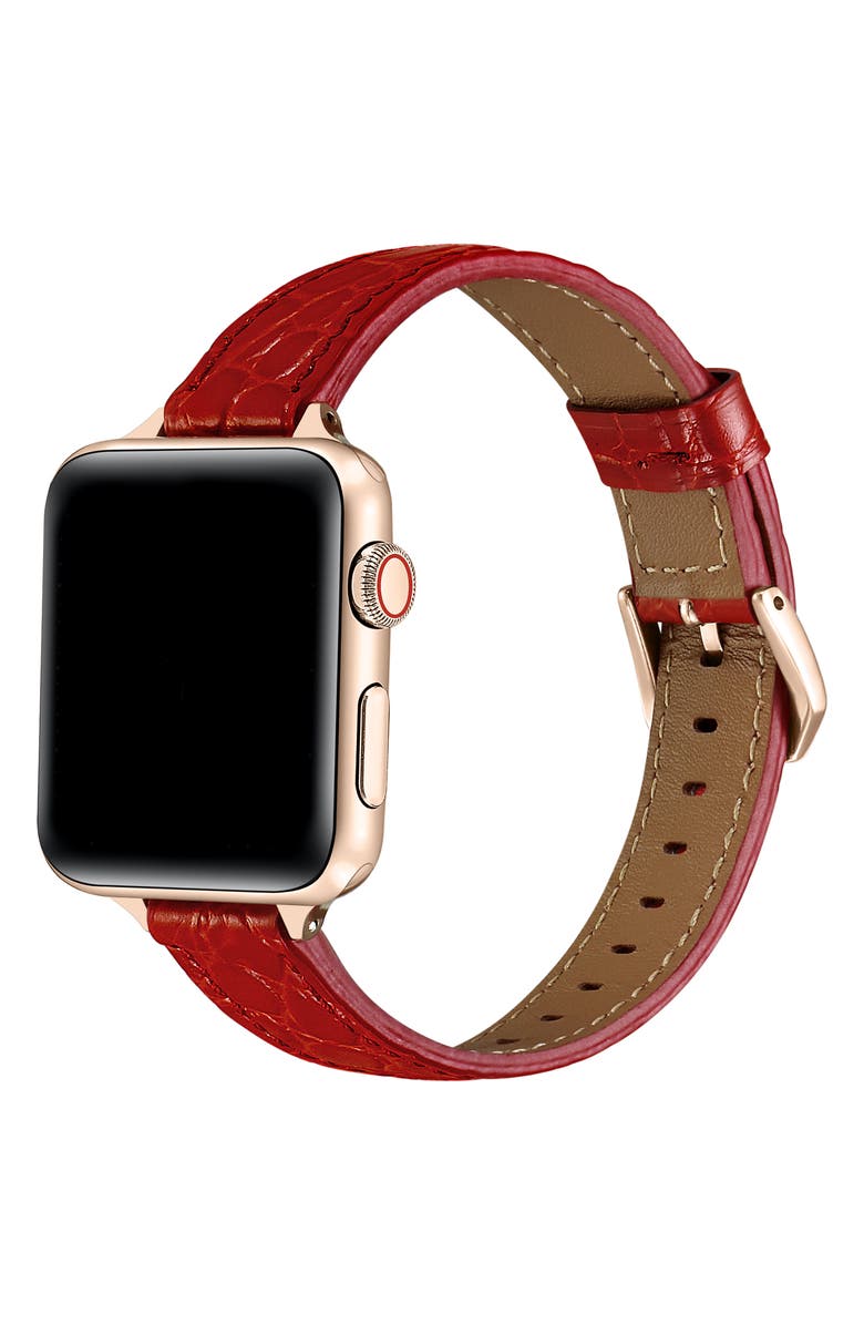 The Posh Tech Cleo Skinny Croc Embossed Leather Apple Watch<sup>®</sup> Watchband, Alternate, color, Red