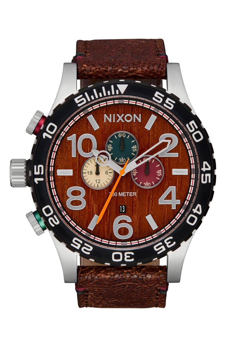Nixon 51-30 Chronograph Leather Strap Watch, 51mm, Main, color, Silver / Rosewood / Chocolate