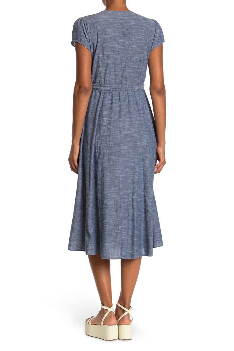 Embroidered Bodice Belted Button Front Midi Dress, Alternate, color, INDIGO