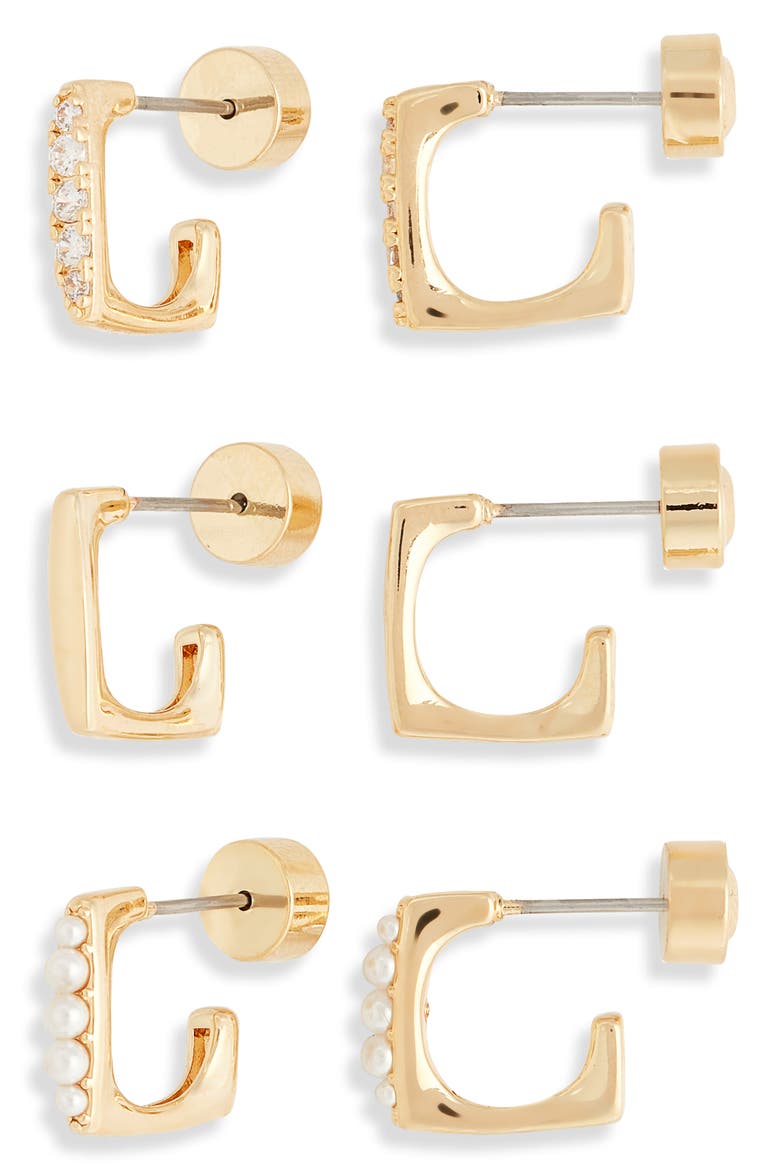Demi Fine Set of 3 Pearl & Cubic Zirconia Hoop Earrings, Main, color, WHITE- 14K GOLD PLATED