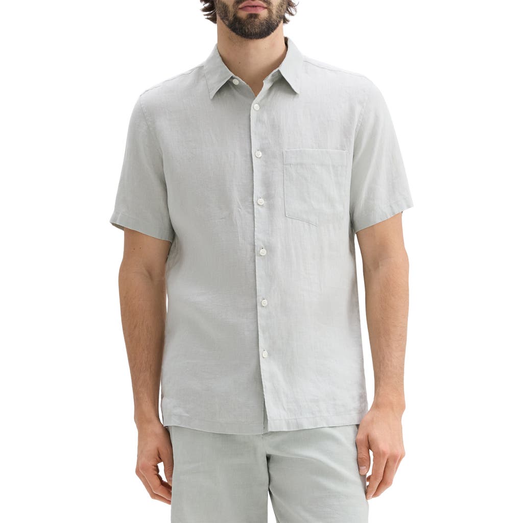 Theory Irving Solid Short Sleeve Linen Button-up Shirt In Light Green
