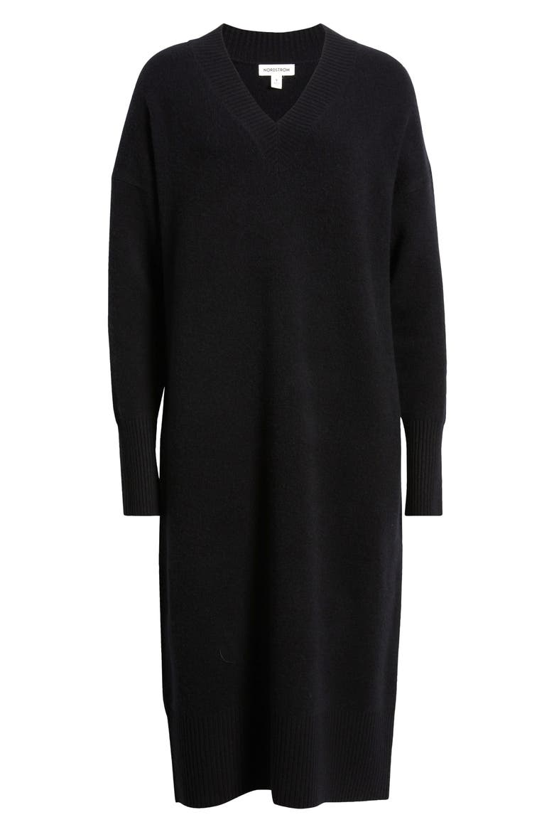 V-Neck Long Sleeve Wool & Cashmere Sweater Dress, Alternate, color, BLACK ROCK