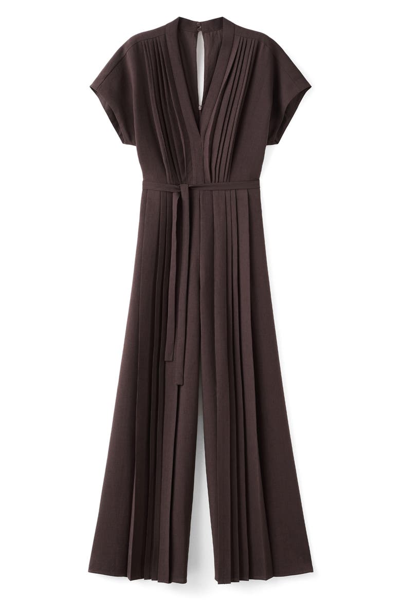 Pleated Tie Belt Jumpsuit, Main, color, BROWN