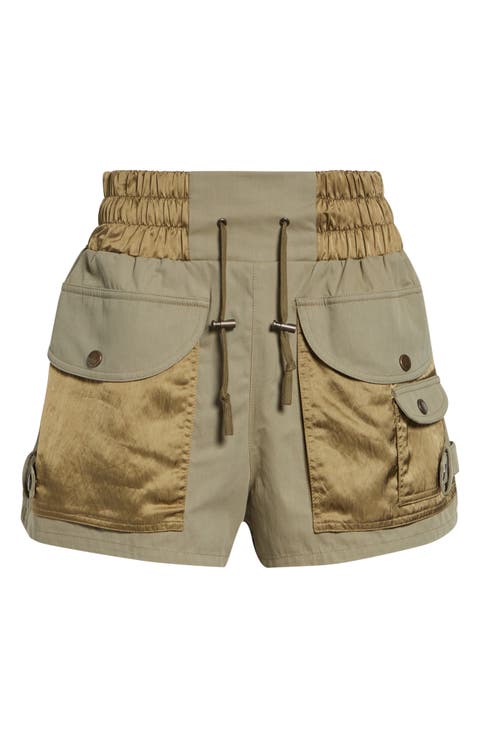 High Waist Multipocket Cotton Twill & Nylon Shorts