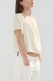 MANGO Pintuck Lace Trim Cotton Shirt
