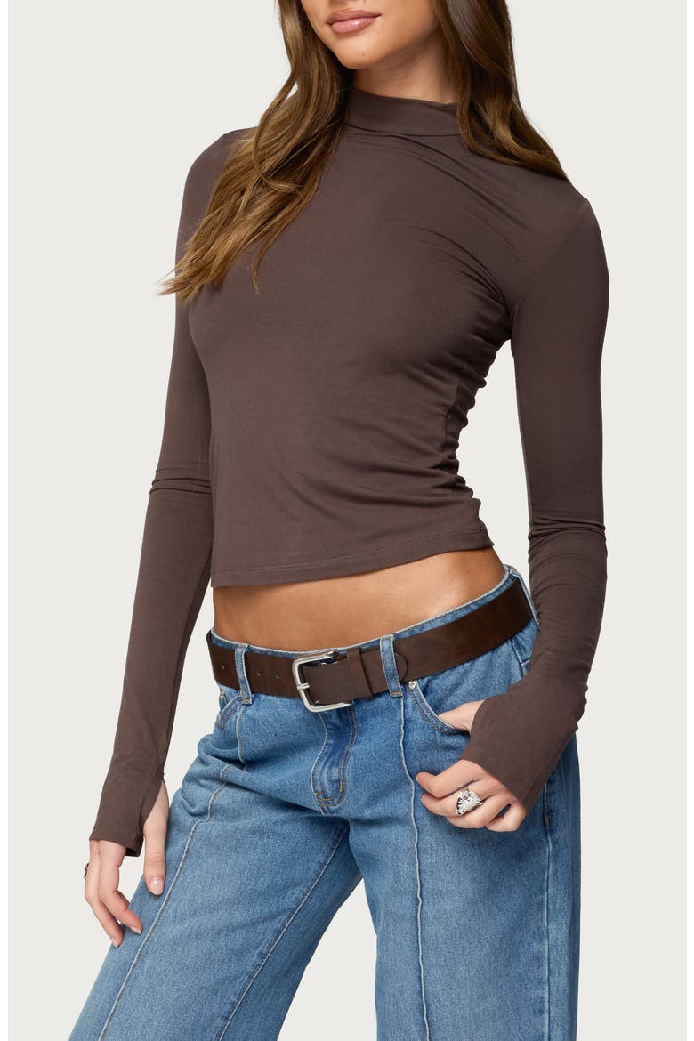 Binta Crop Long Sleeve Mock Neck Top, Alternate, color, BROWN