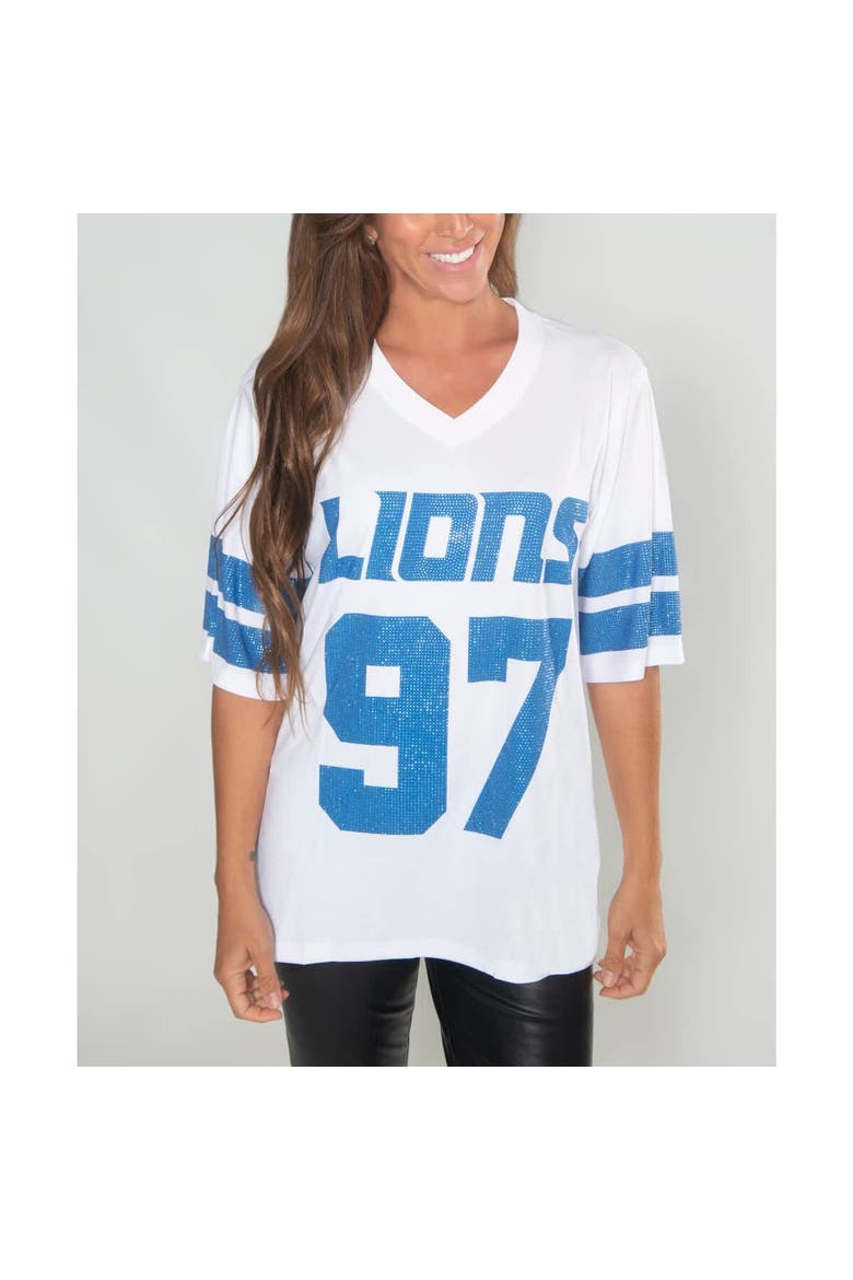Women's Cuce Aidan Hutchinson White Detroit Lions Crystal V-Neck Tunic, Main, color, White