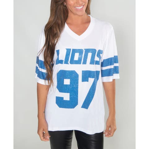 Women's Cuce Aidan Hutchinson White Detroit Lions Crystal V-Neck Tunic