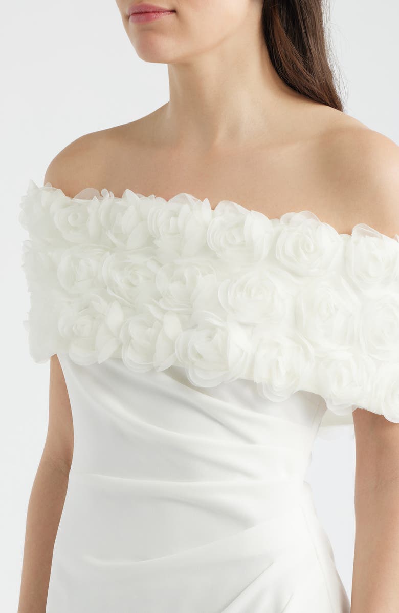 Eliza J Floral Appliqué Detail Off the Shoulder Scuba Crepe Sheath Dress, Alternate, color, Ivory