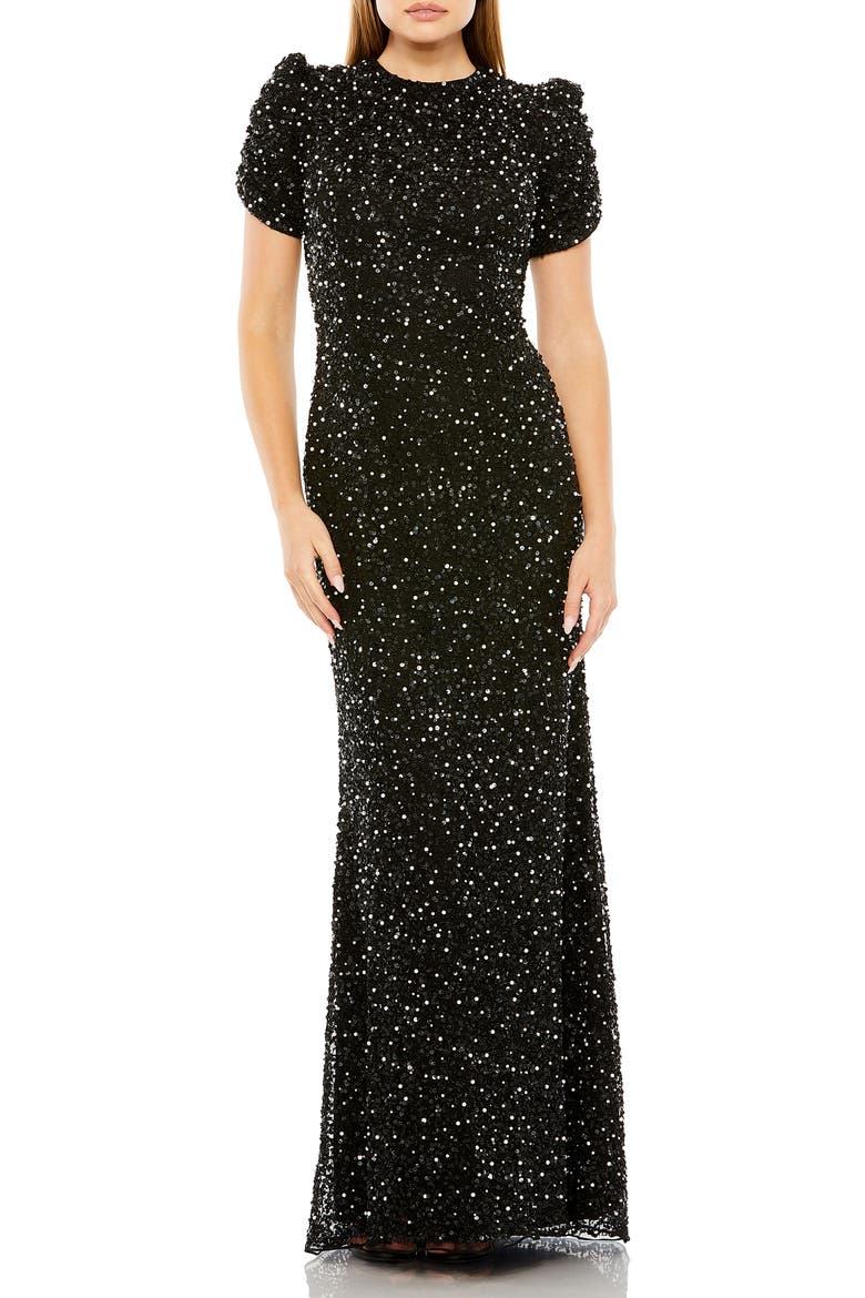 Petite Gathered Short Sleeve Embellished Gown, Main, color, Black