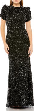 Mac Duggal Women's Embellished Mesh High Neck Puff Sleeve Gown