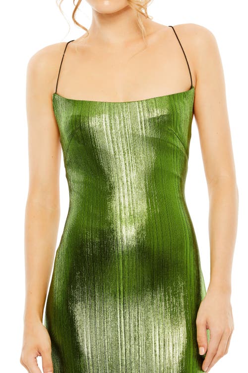 Mac Duggal Metallic Corset Back Column Gown In Apple Green