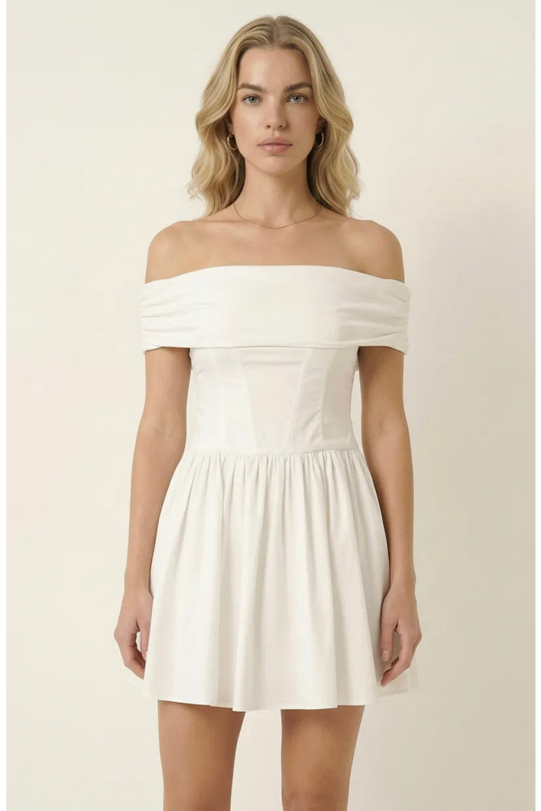 Off-Shoulder Ruched Bodice Mini Dress with Flowy Skirt, Alternate, color, White