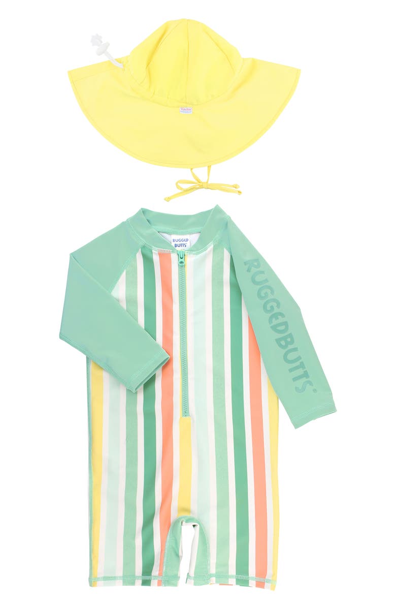 RuggedButts Saltwater Stripe One-Piece Rashguard Swimsuit & Hat Set, Alternate, color, 