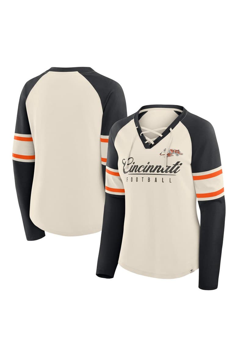 Women's Fanatics Cream/Black Cincinnati Bengals Hometown Gridiron Hero Raglan Lace-Up V-Neck Long Sleeve T-Shirt, Main, color, Cream