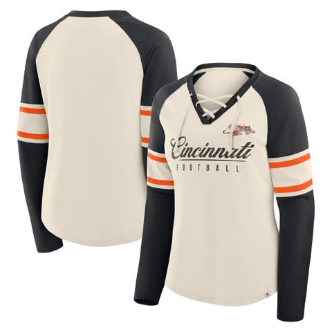 Women's Fanatics Cream/Black Cincinnati Bengals Hometown Gridiron Hero Raglan Lace-Up V-Neck Long Sleeve T-Shirt