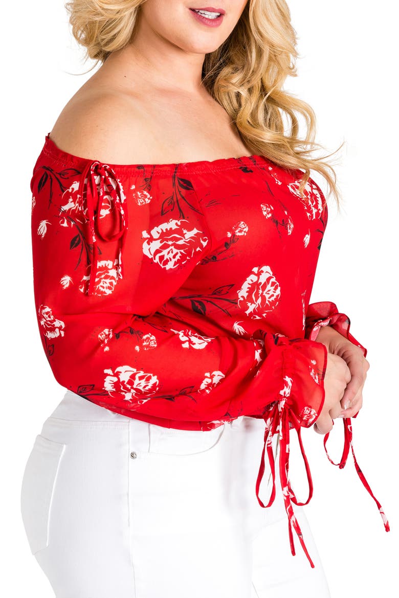 Marina Off the Shoulder Tie Sleeve Top, Alternate, color, RED TULIP PRINT