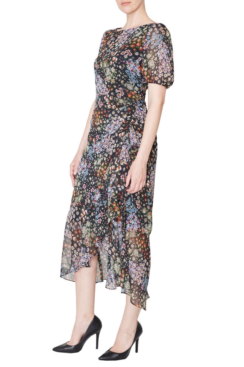 Ruched Puff Sleeve High-Low Maxi Dress, Alternate, color, BLACK/MULT