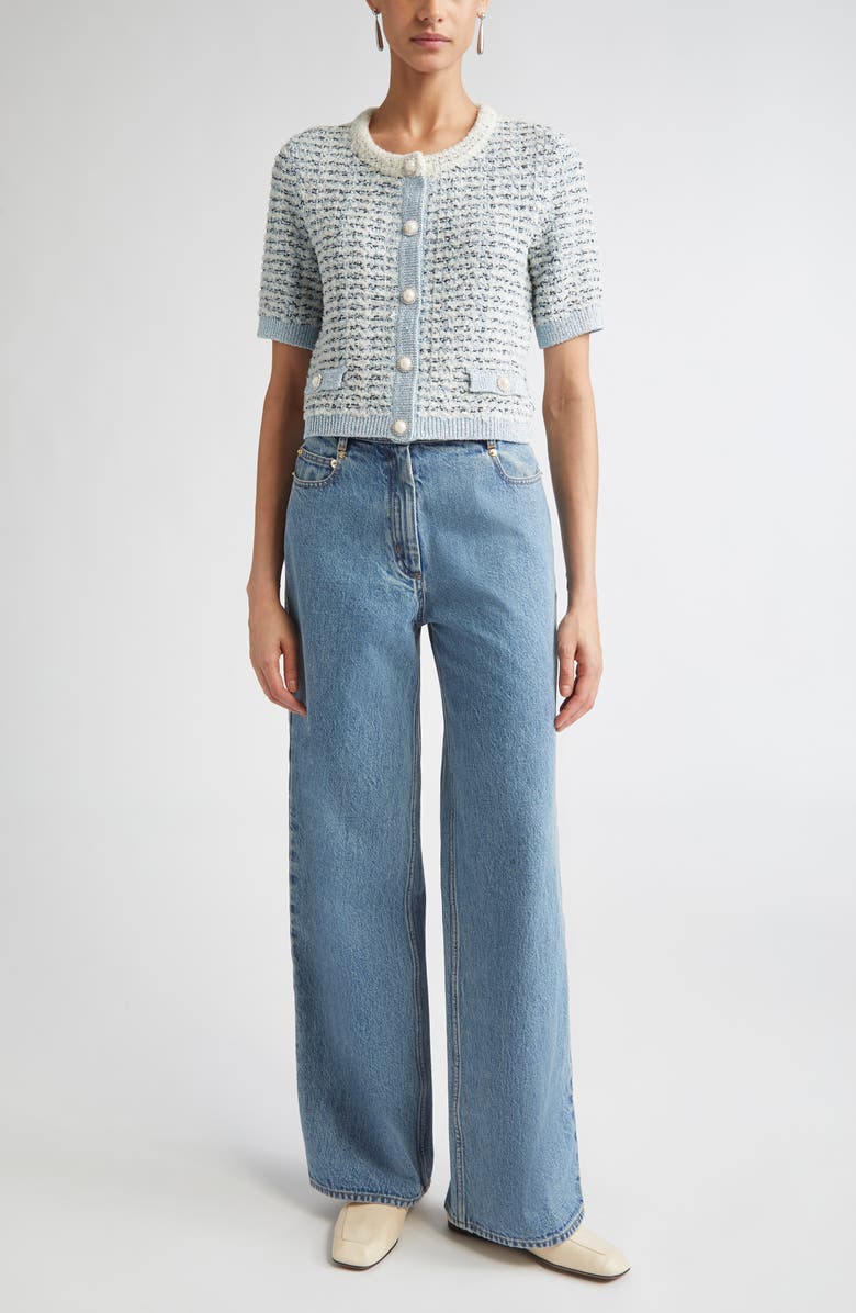 ST. JOHN Sequin Eyelash Cardigan, Alternate, color, Aqua/ White