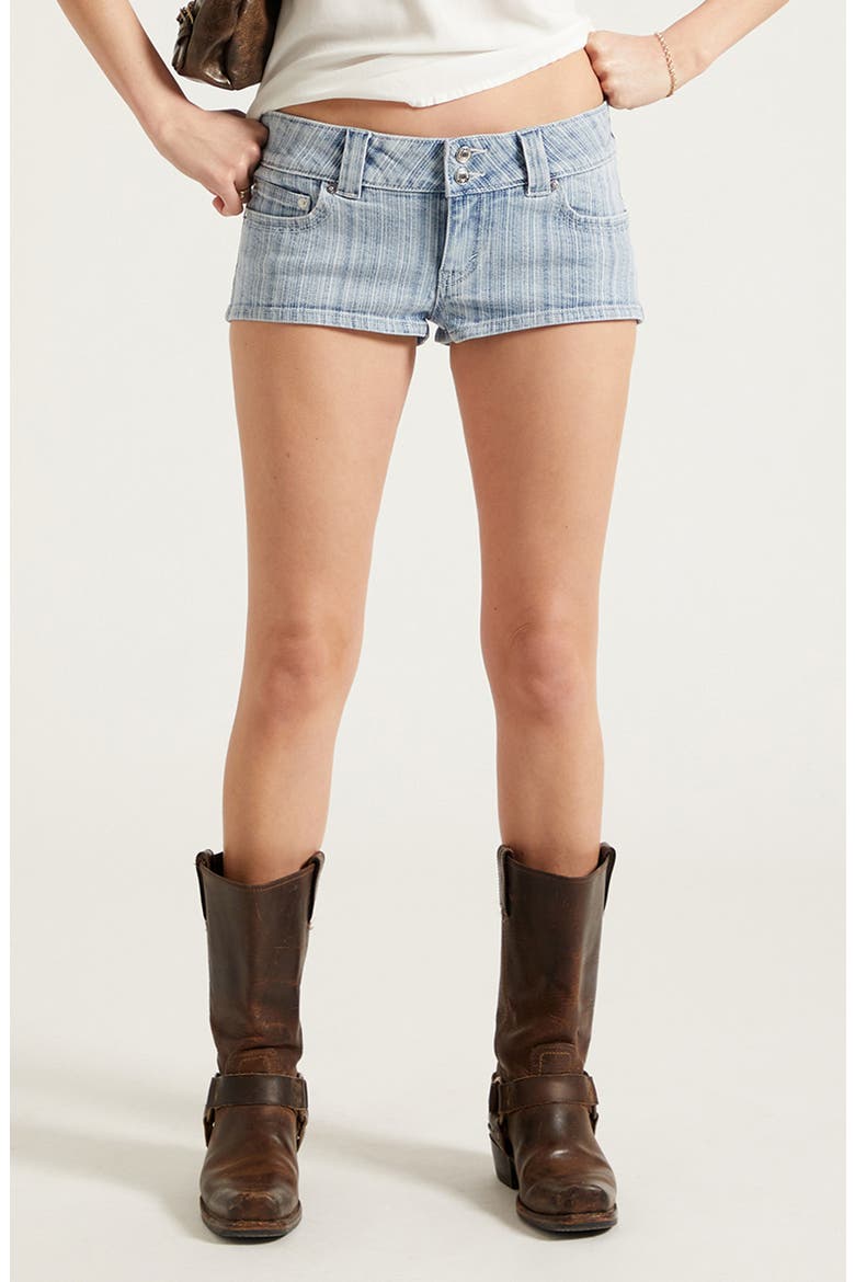 Tatum Stripe Low Rise Denim Micro Shorts, Main, color, LIGHT INDIGO