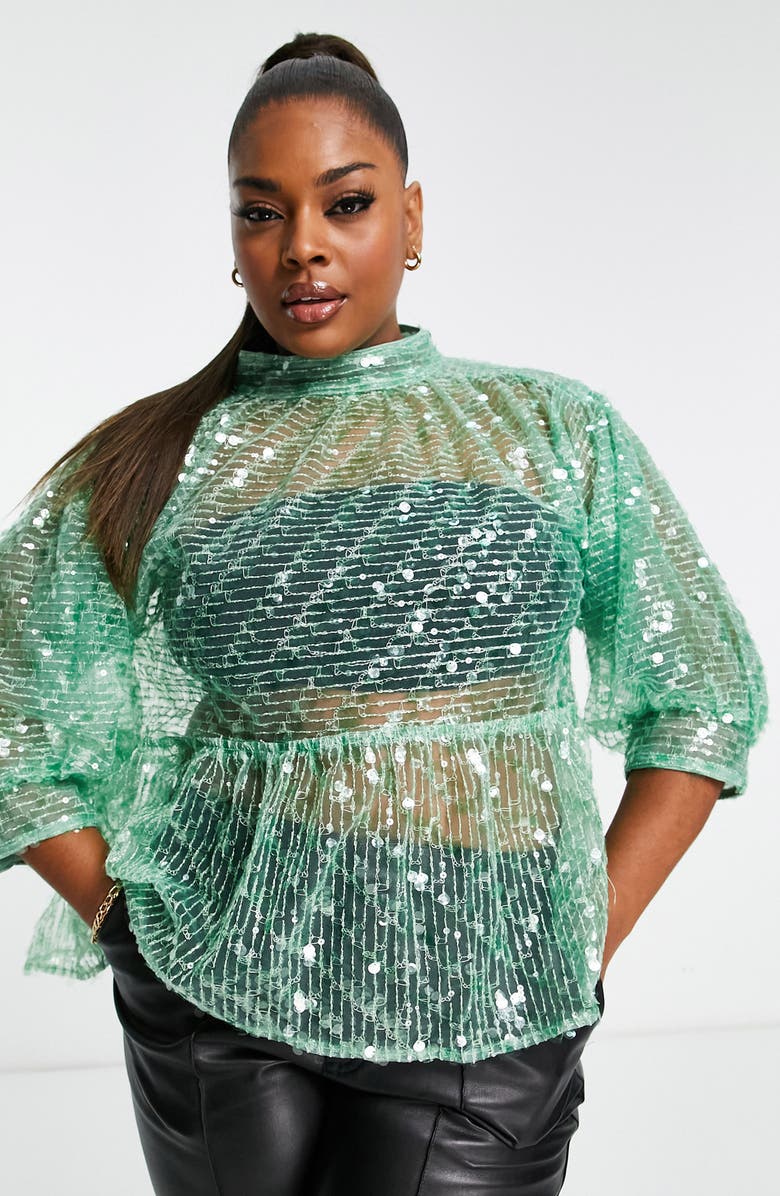 ASOS DESIGN Curve Sequin Bow Back Sheer Peplum Top, Alternate, color, 