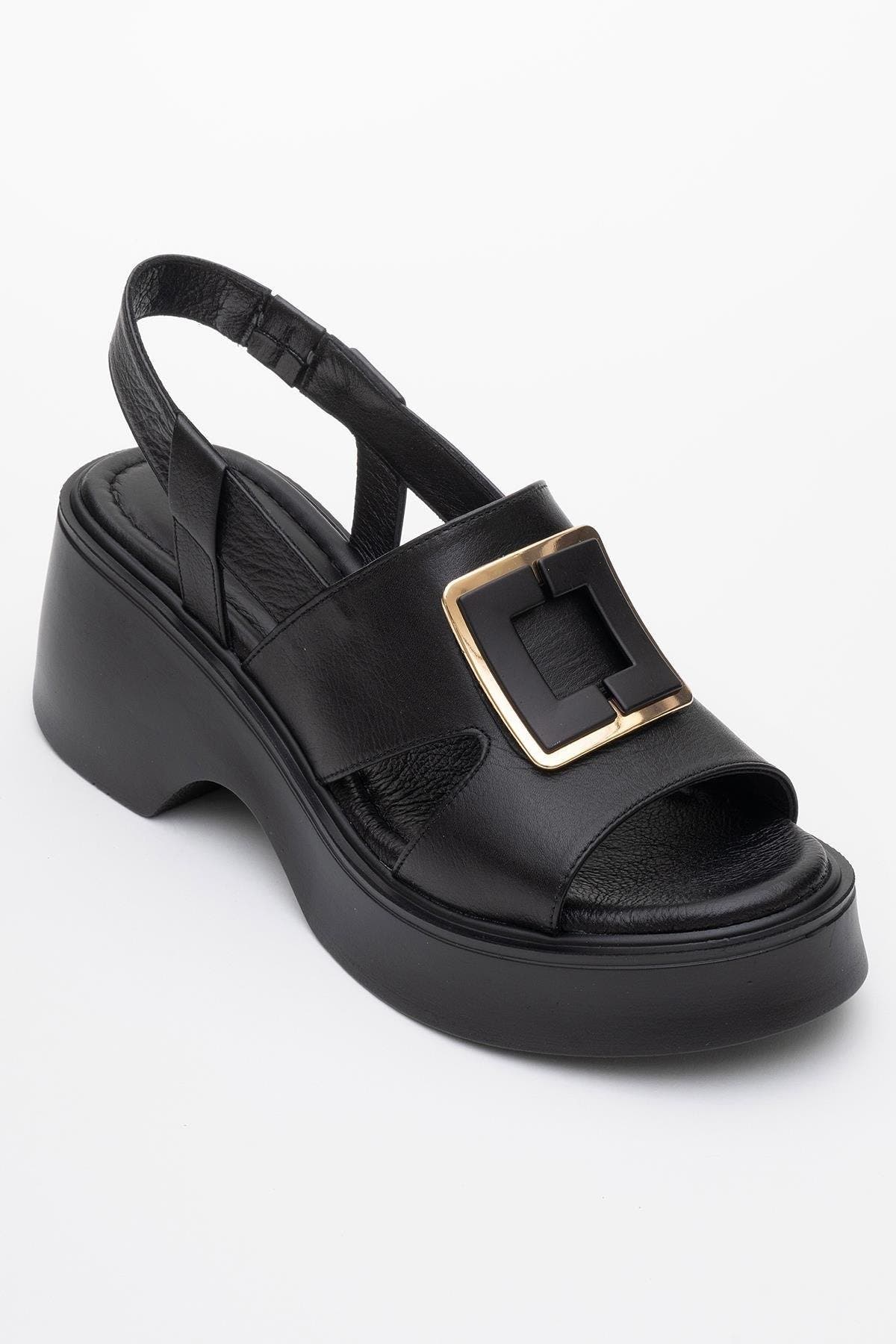 Forever & Always Shoes Lucia Leather Buckle Platform Sandal, Alternate, color, Black