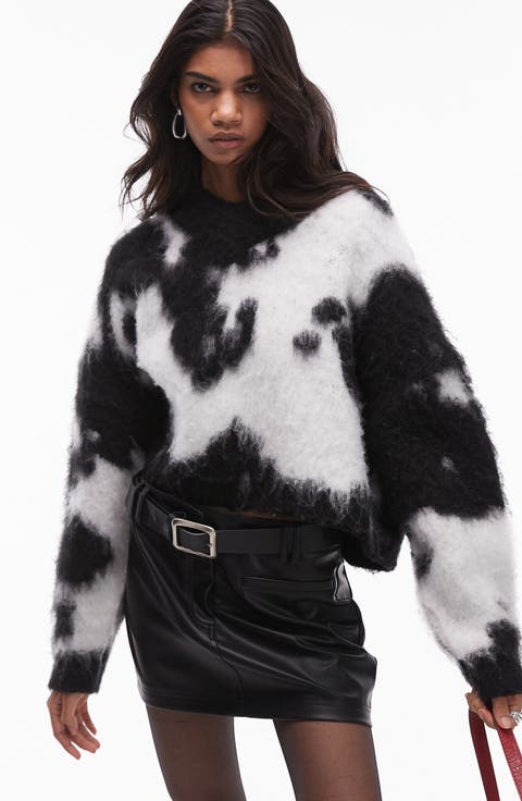 Cow Print Fluffy Mock Neck Sweater