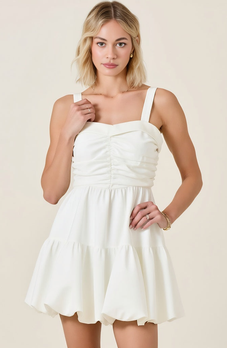 Modenaire Ruched Sweetheart Neck Mini Dress with Straps and Flared Hem, Alternate, color, White