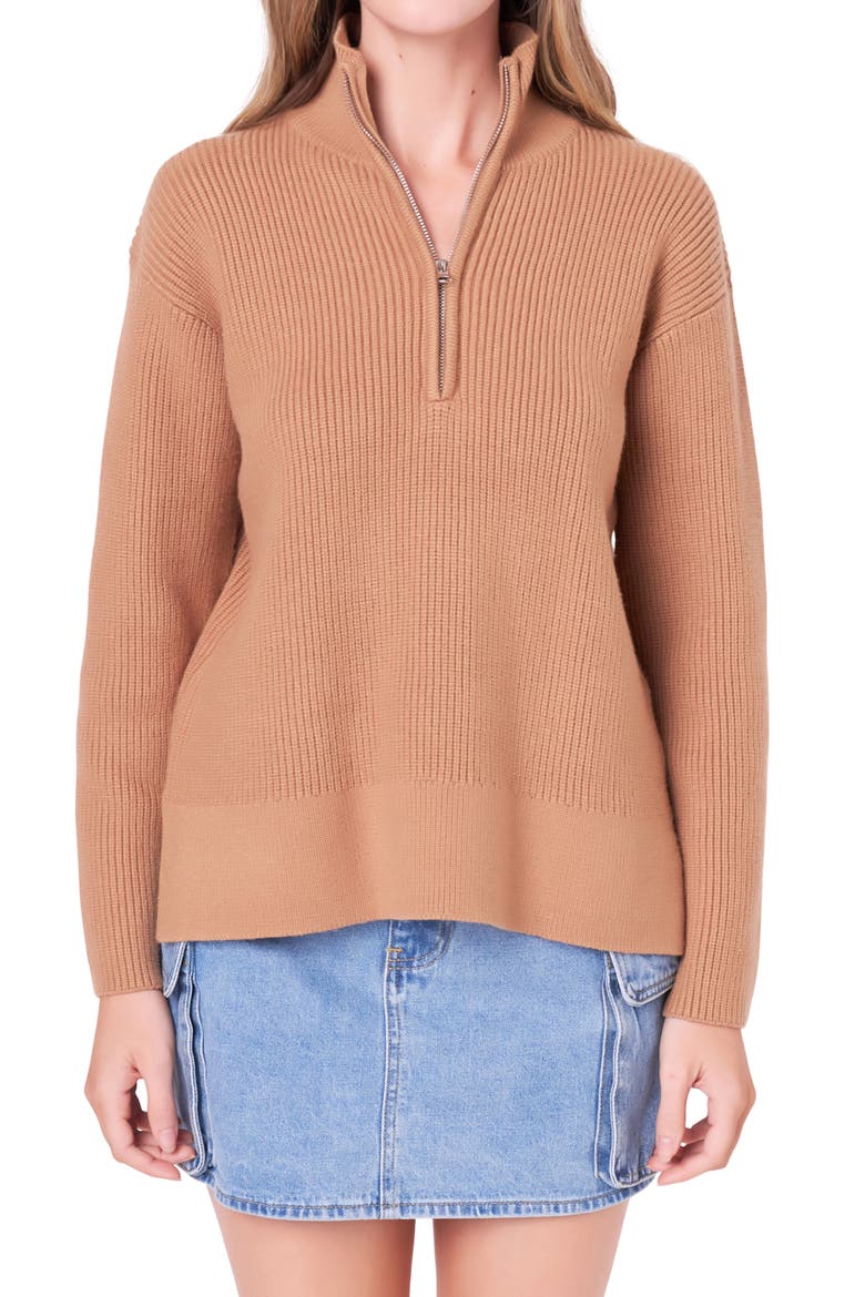 Half Zip Rib Sweater, Main, color, CAMEL