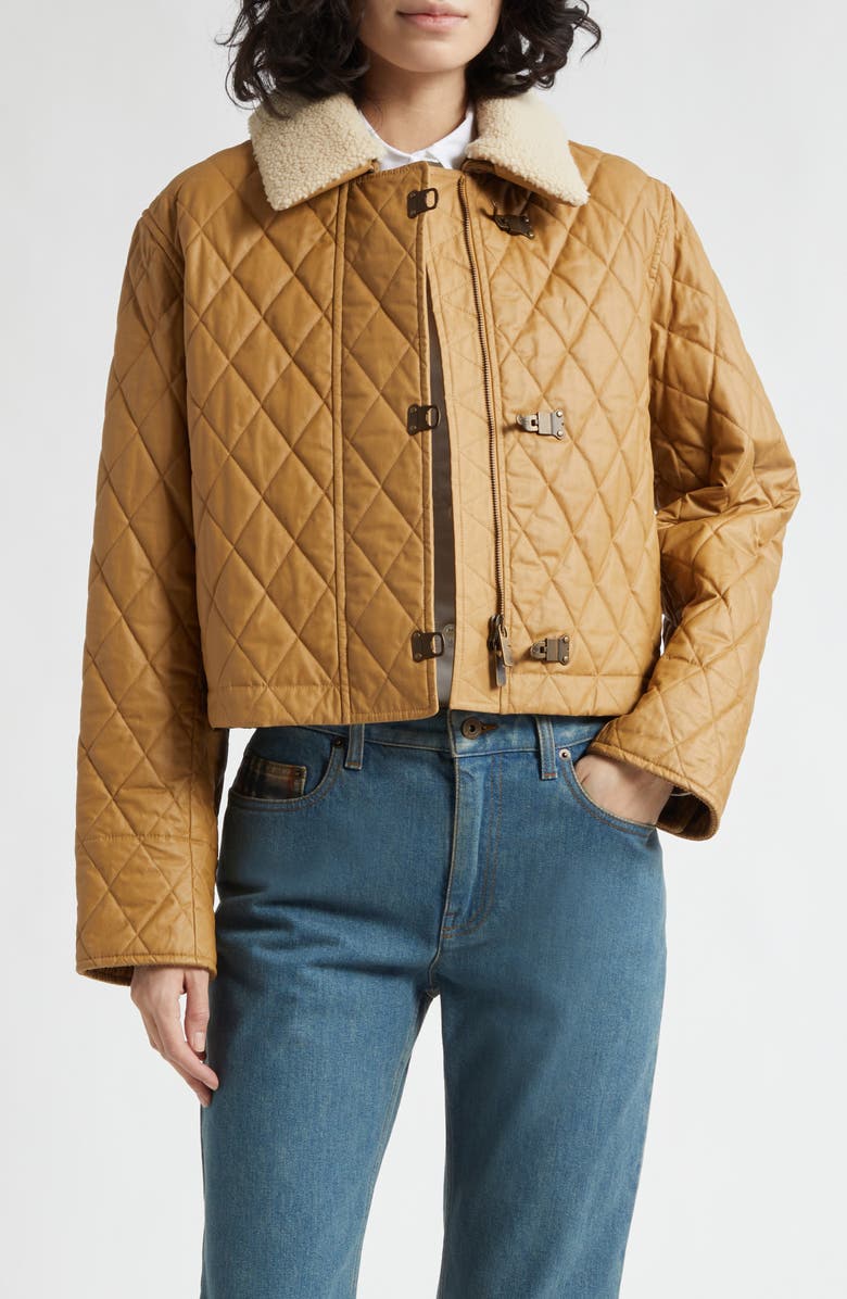 Burberry Howle Quilted Jacket with Genuine Shearling Collar, Main, color, Sepia/ Hay