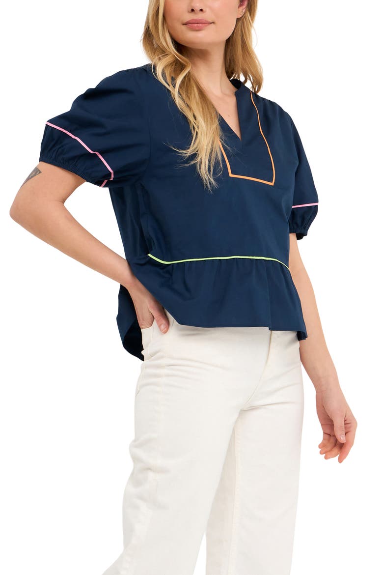 Piping Detail Puff Sleeve Top, Alternate, color, NAVY