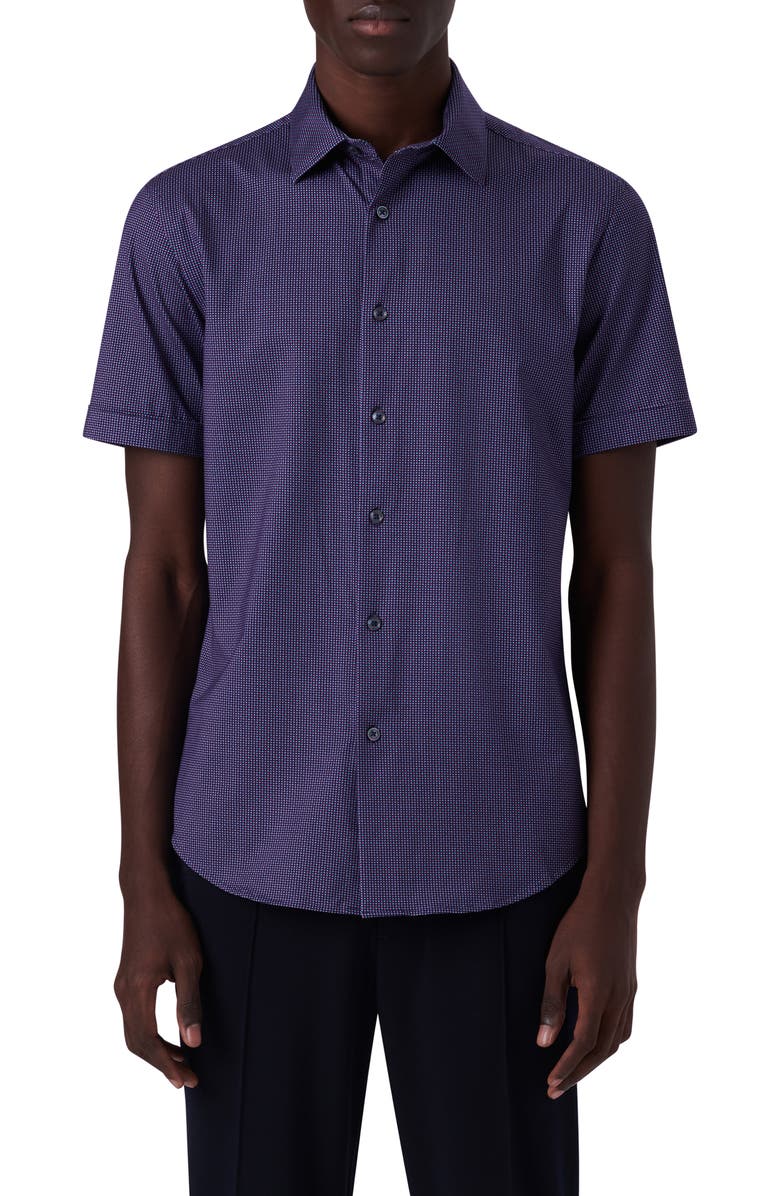 Bugatchi Miles OoohCotton<sup>®</sup> Confetti Print Short Sleeve Button-Up Shirt, Main, color, Navy
