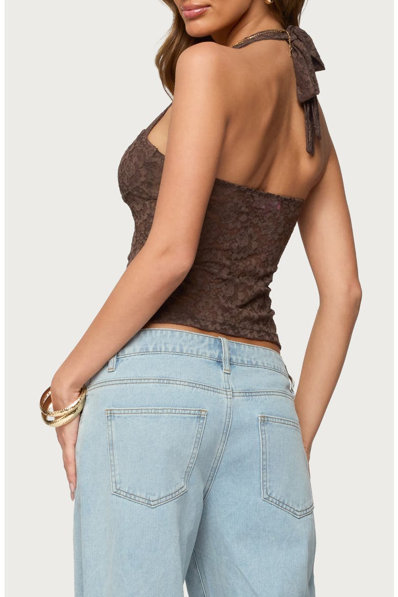 Zolah Sheer Lace Crop Halter Top, Alternate, color, DARK-BROWN