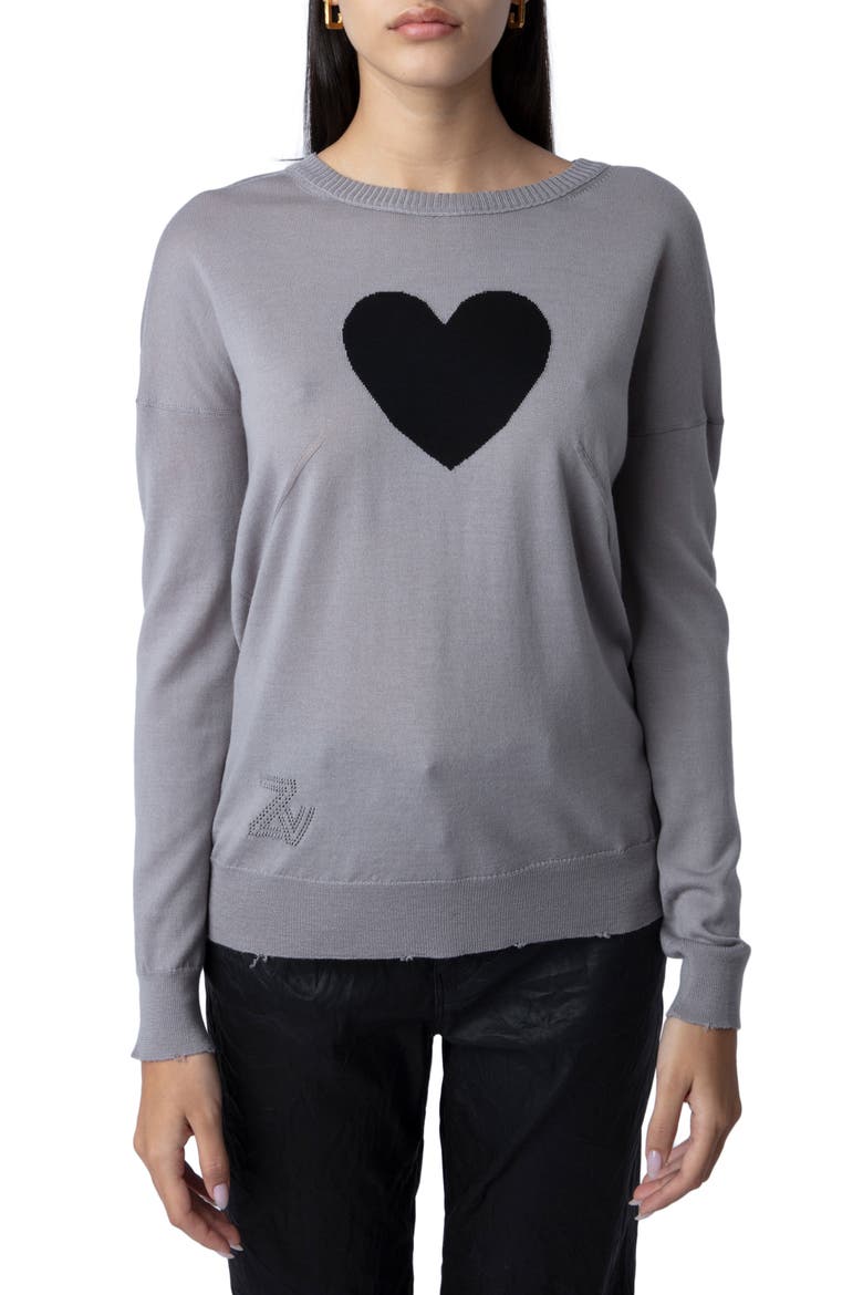 Gaby Intarsia Heart Wool Crewneck Sweater, Main, color, GRIS CHINE