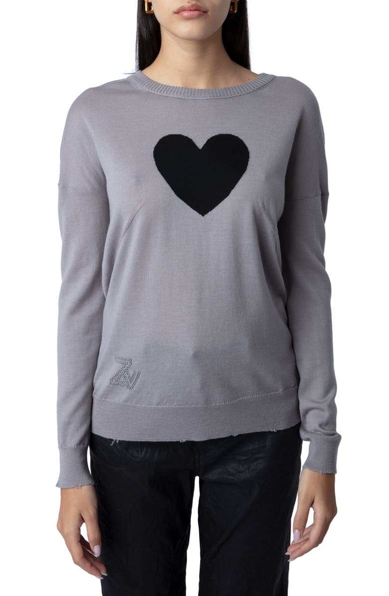 Zadig & Voltaire Gaby Intarsia Heart Wool Crewneck Sweater, Main, color, Gris Chine