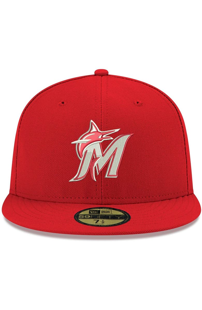 New Era Men's New Era Red Miami Marlins White Logo 59FIFTY Fitted Hat, Alternate, color, Red