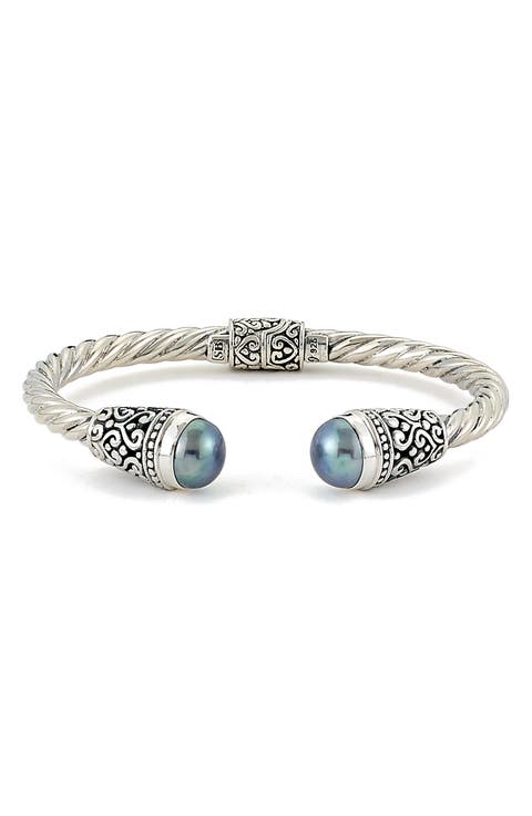 Sterling Silver Grey Pearl Balinese Filigree Hinged Bracelet