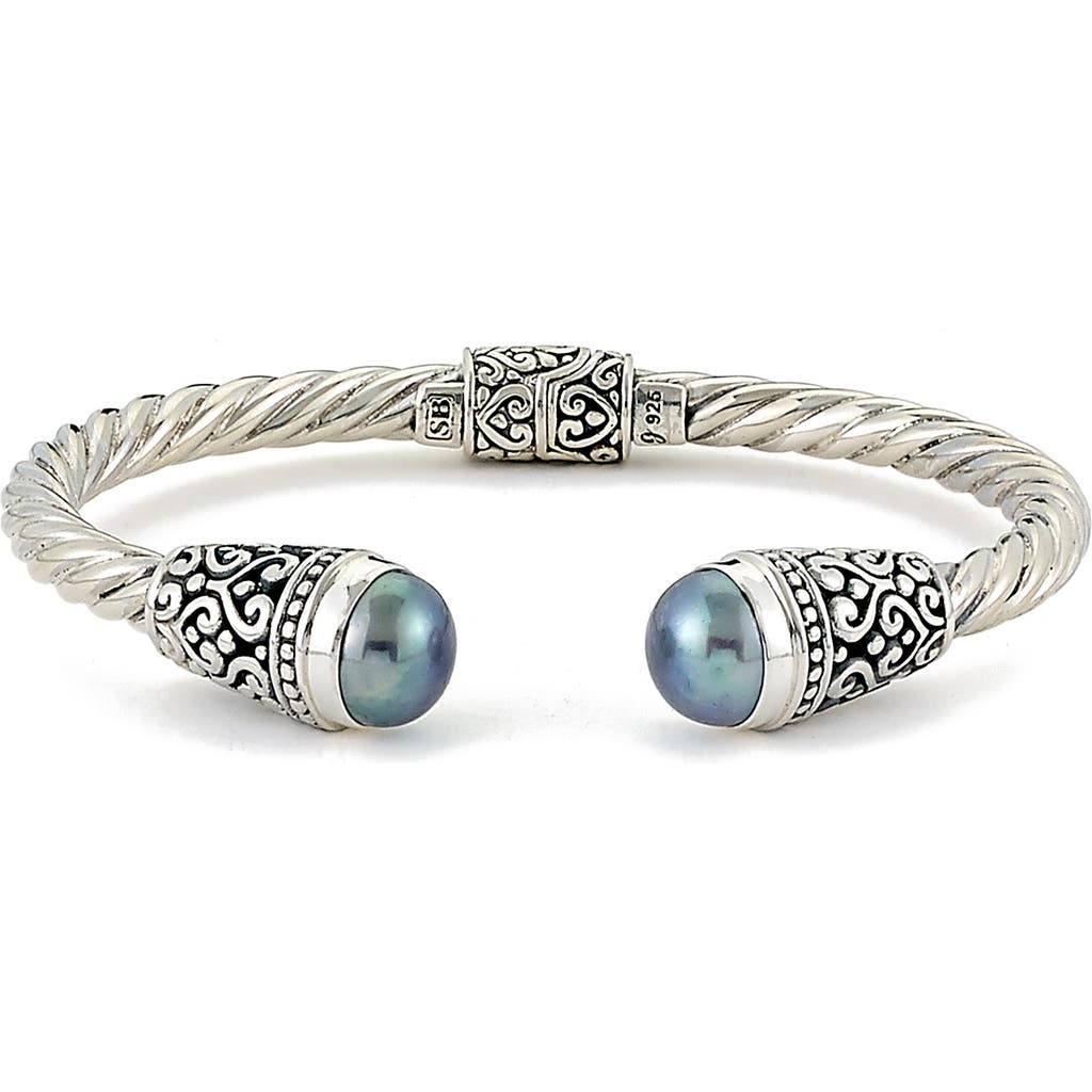 Samuel B. Sterling Silver Grey Pearl Balinese Filigree Hinged Bracelet In Grey Pearl