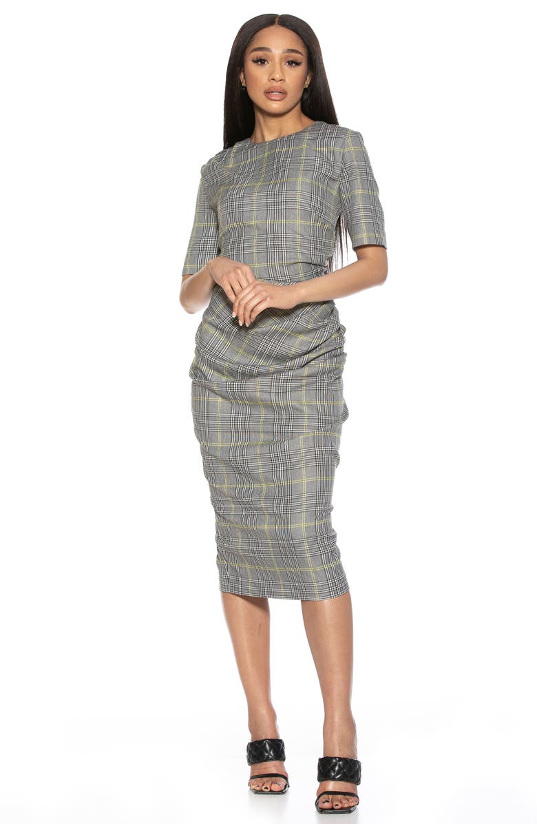 Alexia Admor Olive Plaid Elbow Length Sleeve Ruche Side Dress, Alternate, color, 