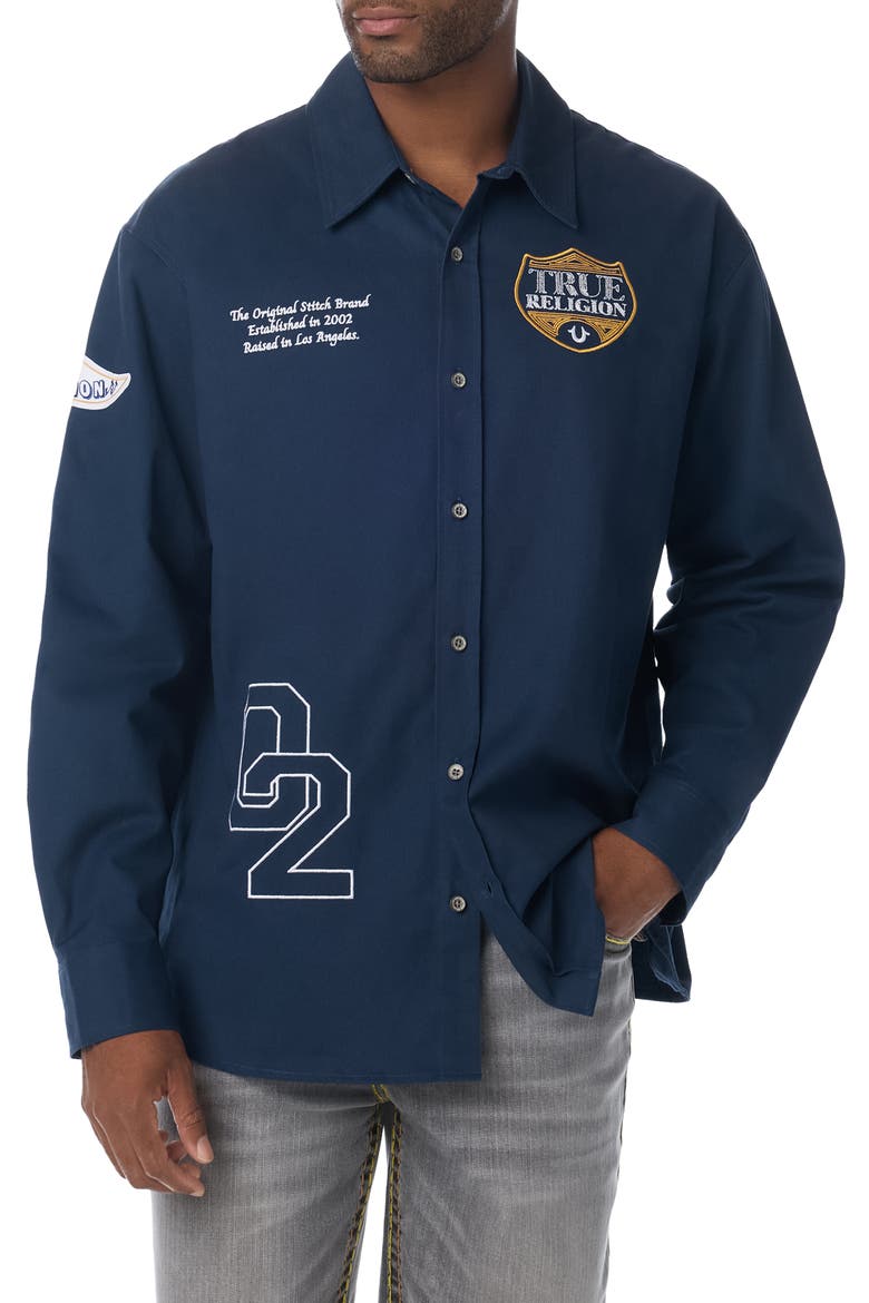 Logo Graphic Long Sleeve Cotton Shirt, Main, color, DRESS BLUE