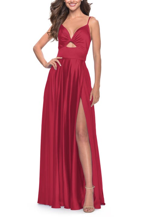 Satin A-Line Gown with Cut Out and Twist Bodice
