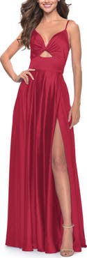 La Femme Satin A-Line Gown with Cut Out and Twist Bodice