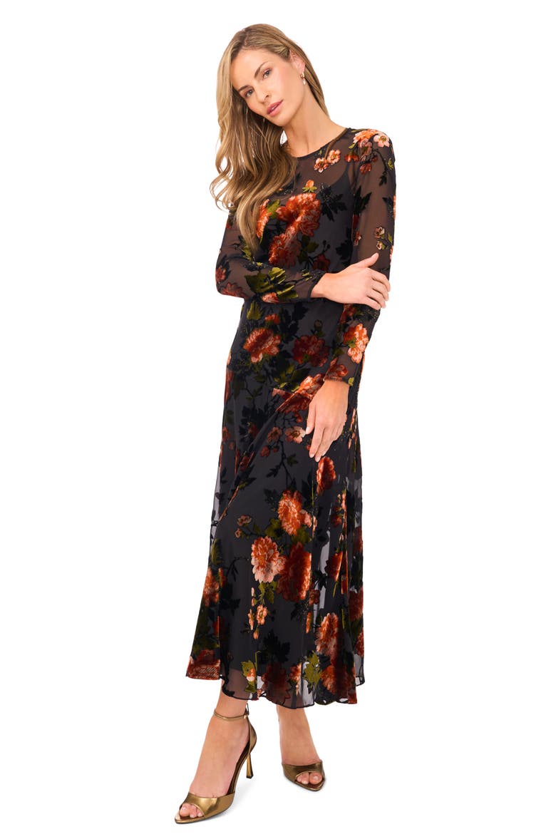 Floral Velvet Burnout Long Sleeve Dress, Alternate, color, RICH BLACK