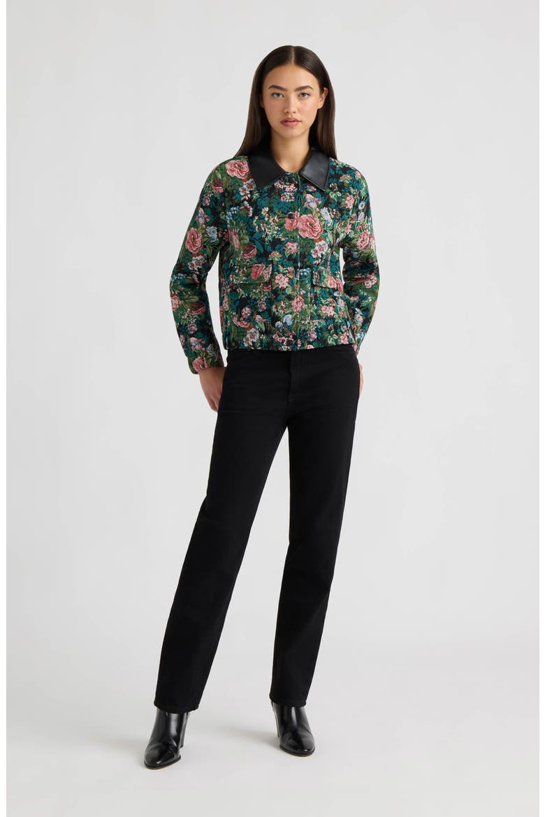 Floral Tapestry Faux Leather Collar Bomber Jacket, Alternate, color, BLACK FLORAL