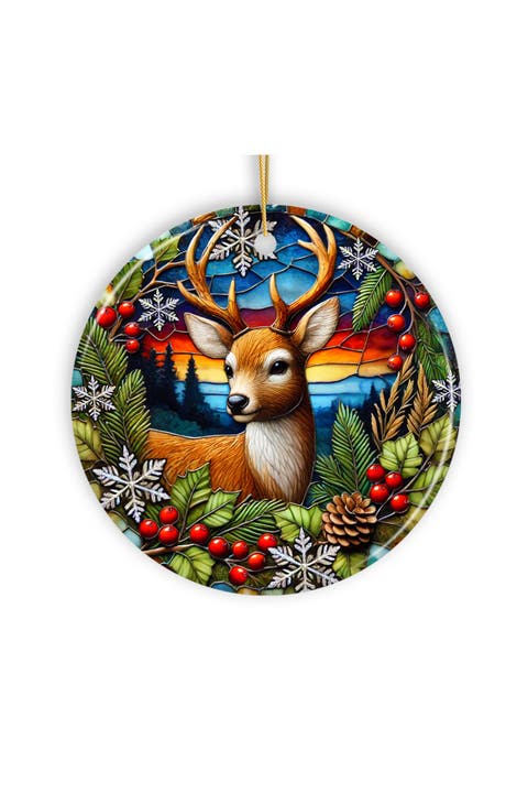 Winter Deer Holly Stained Glass Ornament - Version 1
